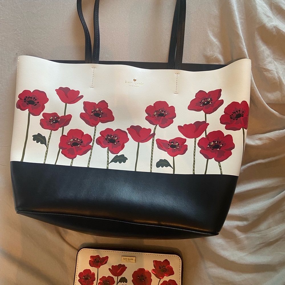 Kate Spade Red Floral Black and White Tote that comes with matching wallet